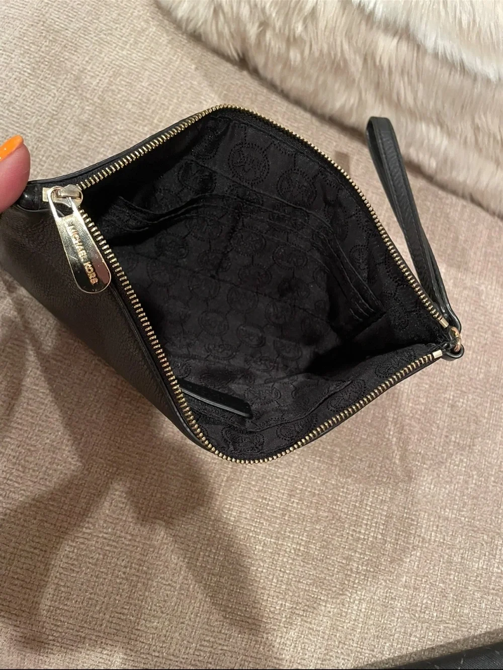 Michael Kors Black Leather Wristlet with Gold Logo